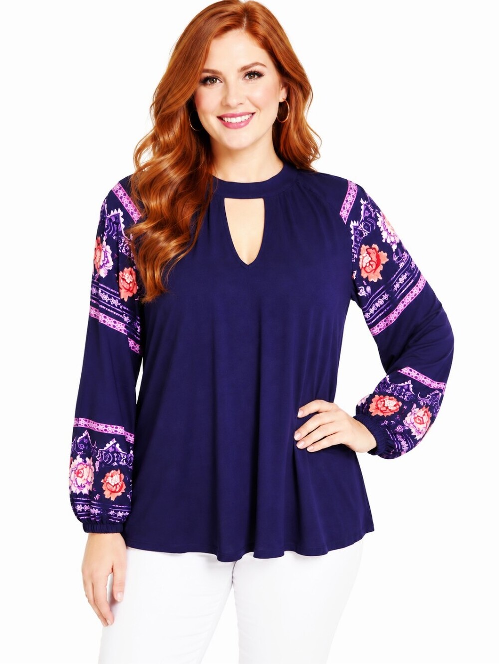 Dina Be Navy Blue Top, Choker Neckline Cut-out, Long Bell Sleeves w/Flowers, Med